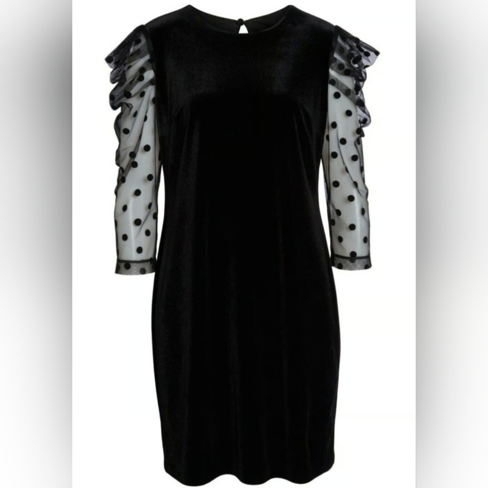 JULIA JORDAN Dot Mesh Sleeve Velvet Shift Dress In Black Size 2